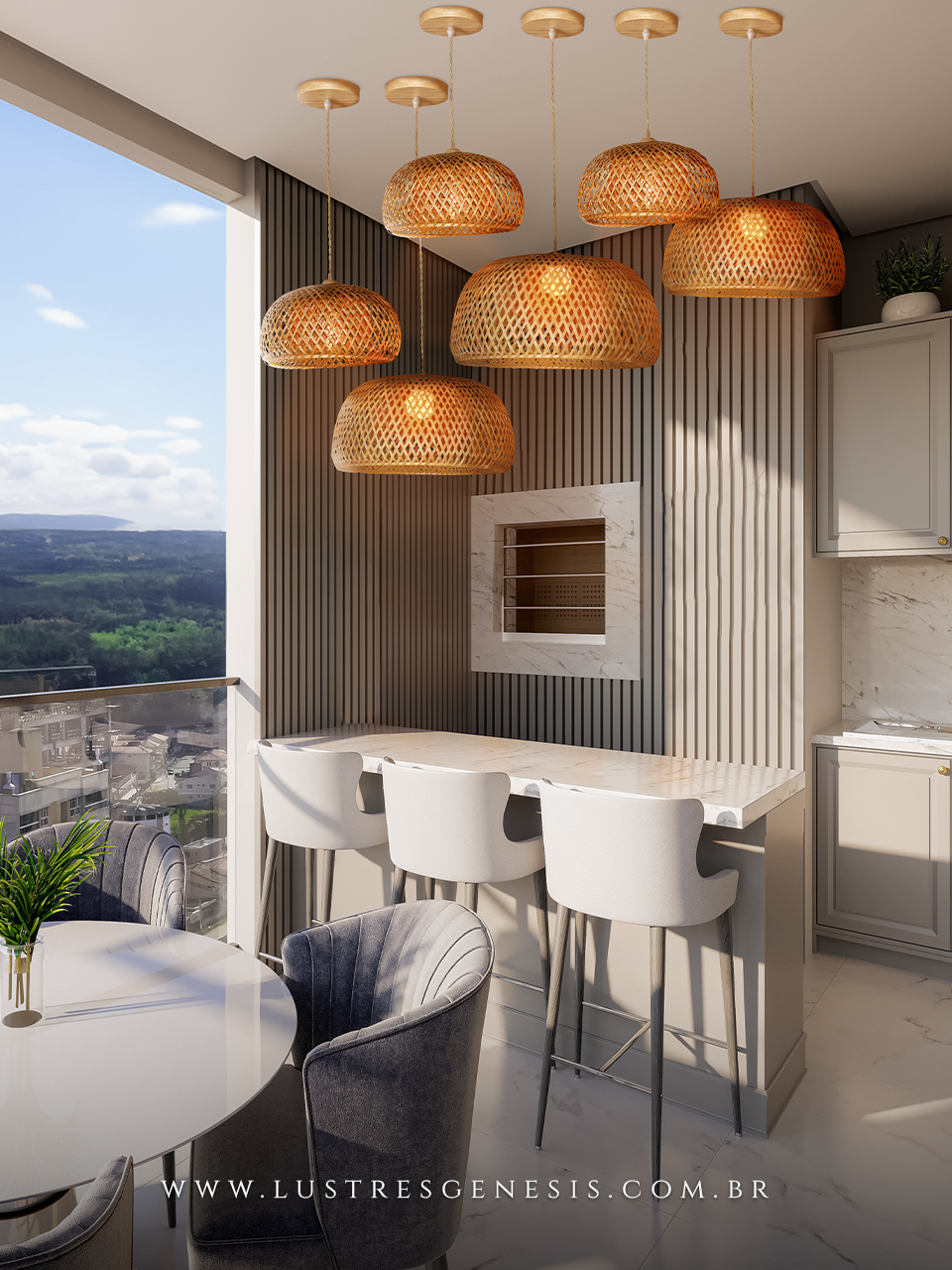 Pendente artesanal Sumatra Ø30cm instalado em quarto moderno, destacando iluminação aconchegante e decoração sofisticada.